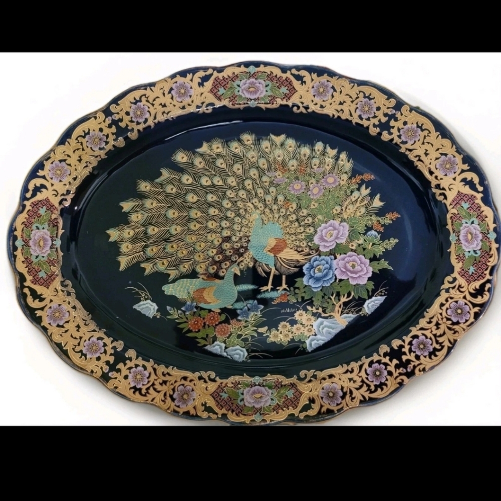 Vintage Japanese Cobalt Blue Peacock Platter 16”×12" Gold Trim MZ